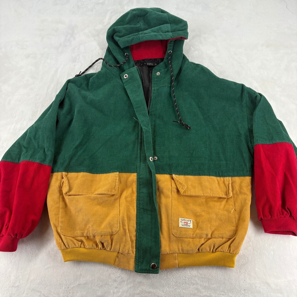 Zaful Jacket Mens XL Jacket Green Yellow Red Colorblock Corduroy Hooded Zip